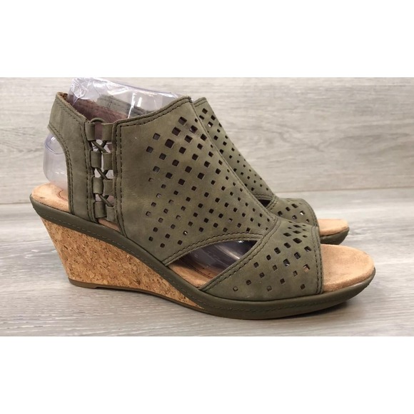 Cobb Hill by New Balance Shoes - Cobb Hill Women's Green Leather Wedge Sandals 9 Cutout Zip Comfort Peep Toe Shoe